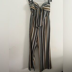 Socialite Black and Tan Striped Jumpsuit with Elongating Design
